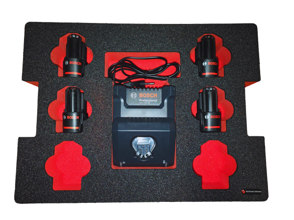 Schaumeinlage für Bosch Ladegerät GAL 12V-40 und 6x Akkus 12V GBA für neue Bosch L-Boxx 102 und 136