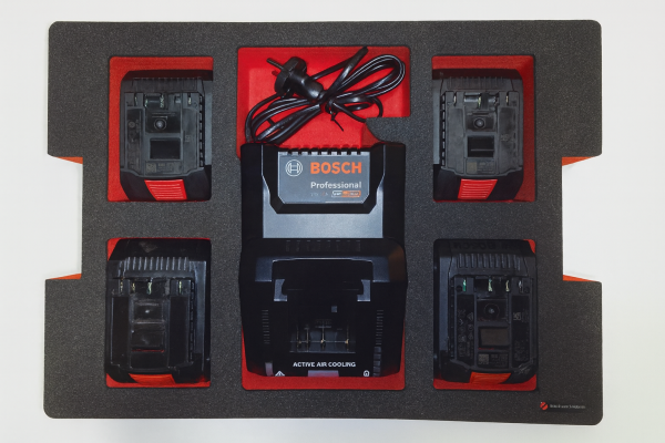 Schaumeinlage für Bosch Ladegerät GAL 18V-40 und 4x Akkus 18V ProCore 4Ah für neue Bosch L-Boxx 102 und 136